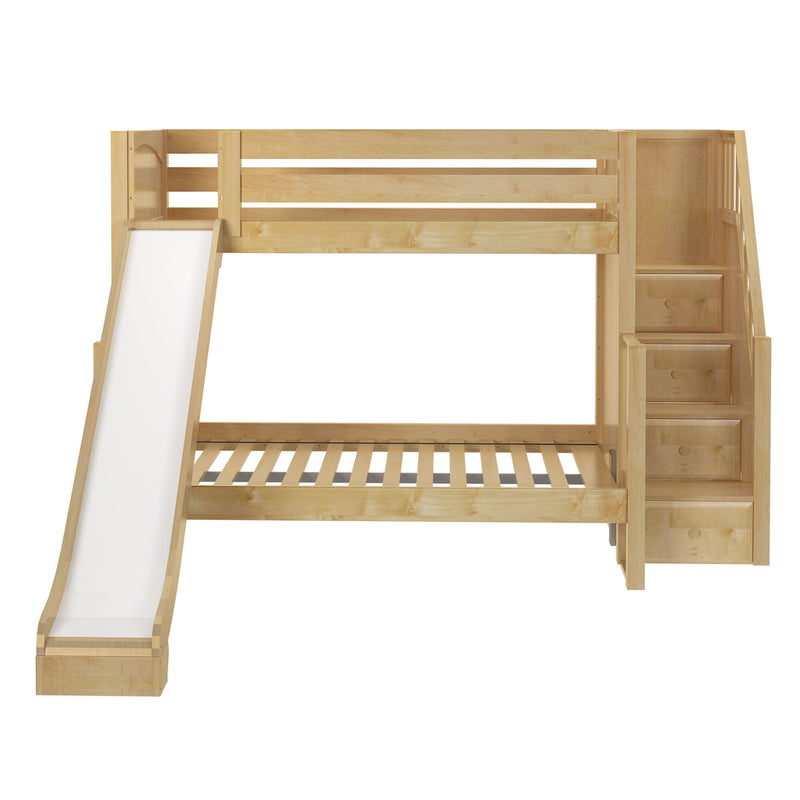 Wooden bunk bed with a slide and storage stairs for kids.