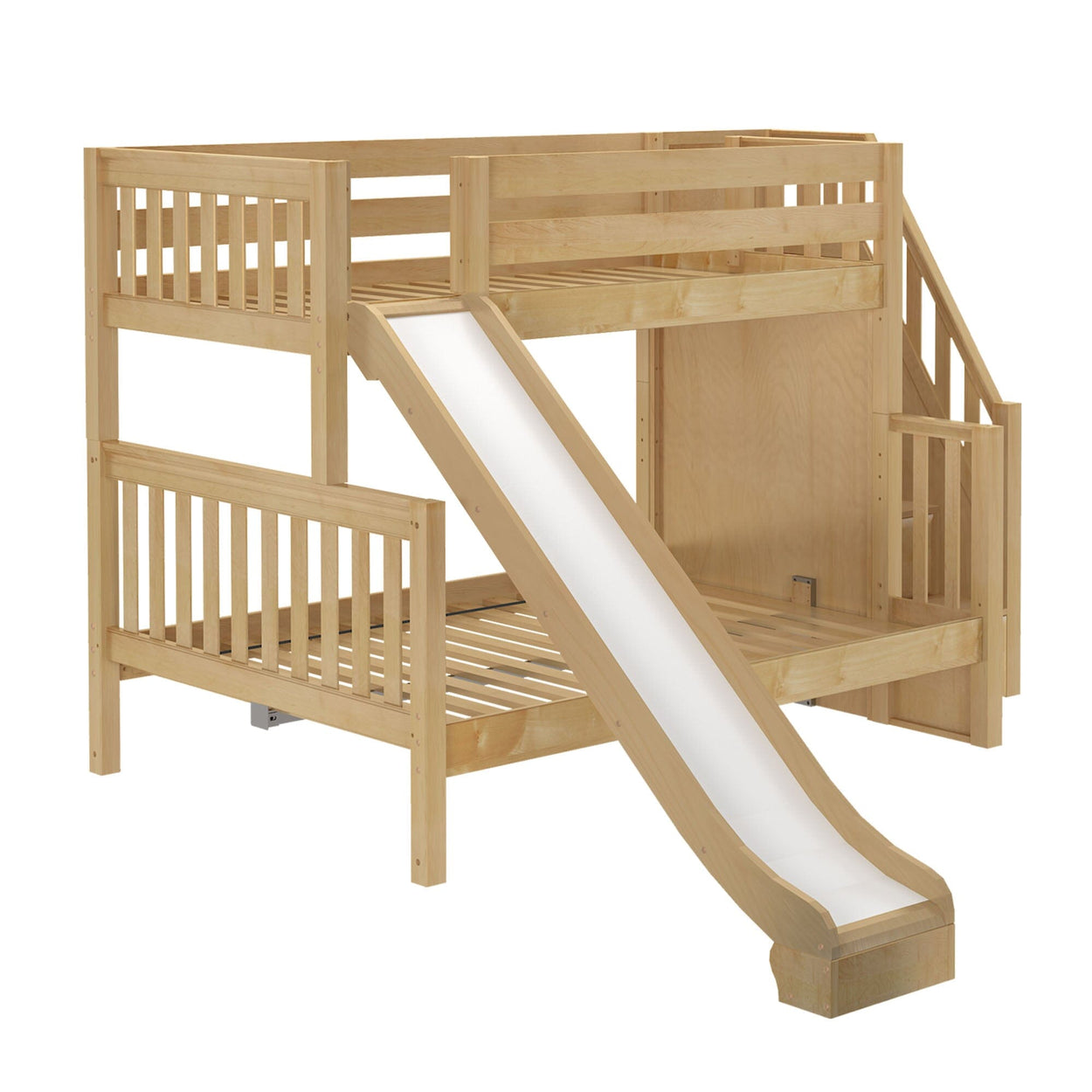 Wooden bunk bed with slide and staircase, perfect for kids' bedroom furniture.