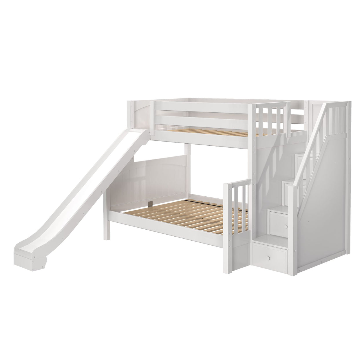 White wooden bunk bed with slide and storage stairs for kids' bedroom.