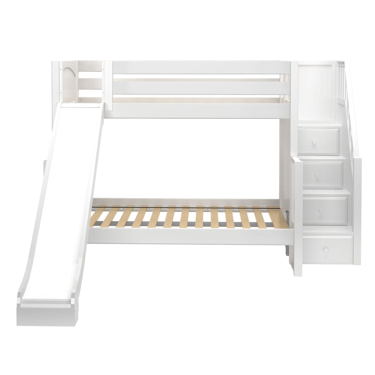 White wooden bunk bed with slide and built-in storage steps for kids' room.