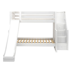 White wooden bunk bed with slide and built-in storage steps for kids' room.