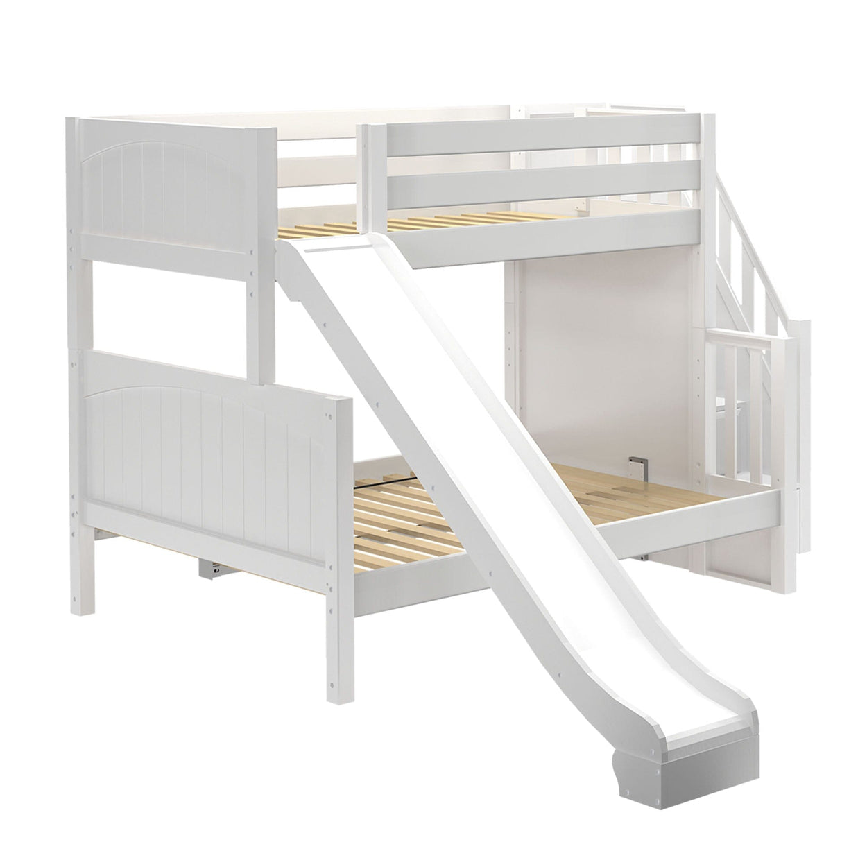 White wooden bunk bed with slide and ladder for kids' bedroom.