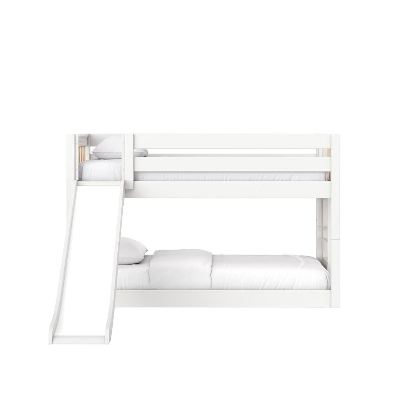 White wooden kids bunk bed with built‑in slide and ladder, modern twin‑over‑full style with white mattress and bedding