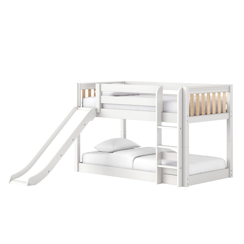 White wooden loft bunk bed with slide and ladder, natural wood slat accents and white bedding, modern kids' bedroom furniture