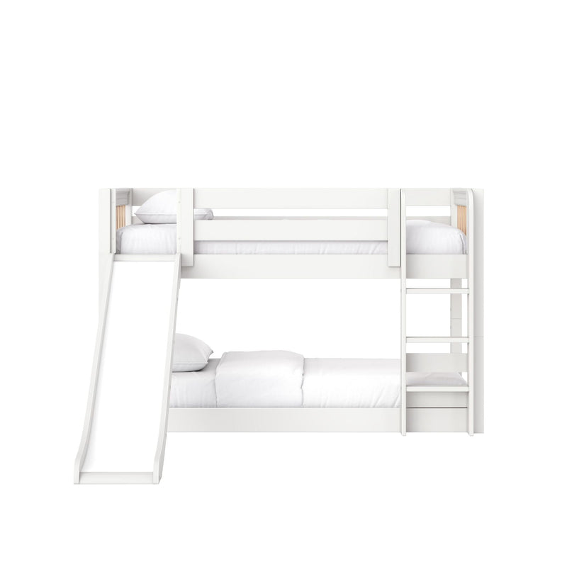 White wooden twin-over-twin bunk bed with slide and ladder, modern kids' bedroom furniture