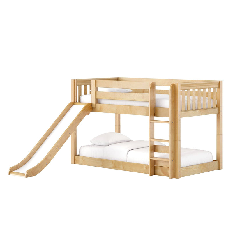 Natural finish wooden kids loft bunk bed with built-in slide and ladder, twin upper bunk over full lower bed with white bedding, sturdy maple children's bedroom furniture