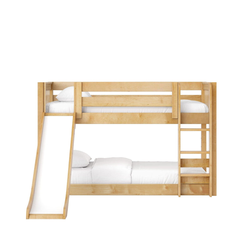 Natural wood two-tier bunk bed with slide and ladder, white bedding and space-saving design for kids' bedroom