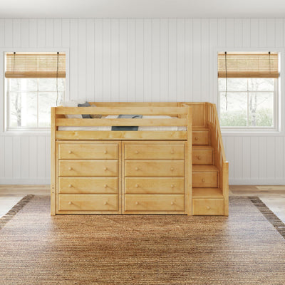 Wooden loft bed with built-in storage drawers and stairway in a modern, bright room with white shiplap walls.