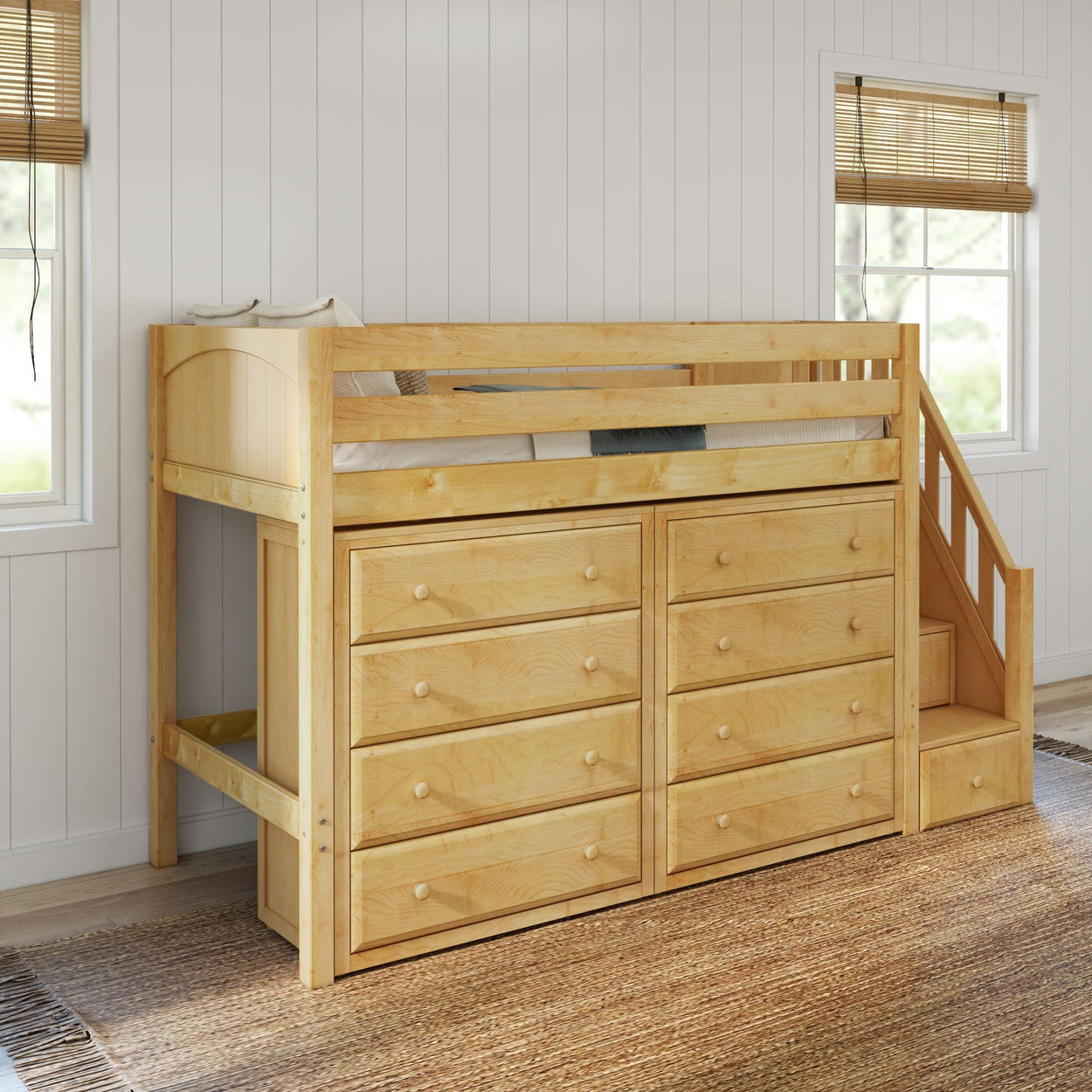 Wooden loft bed with built-in drawers and staircase in a cozy bedroom setting.