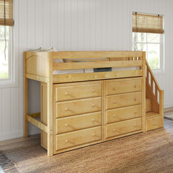 Wooden loft bed with built-in drawers and staircase in a cozy bedroom setting.