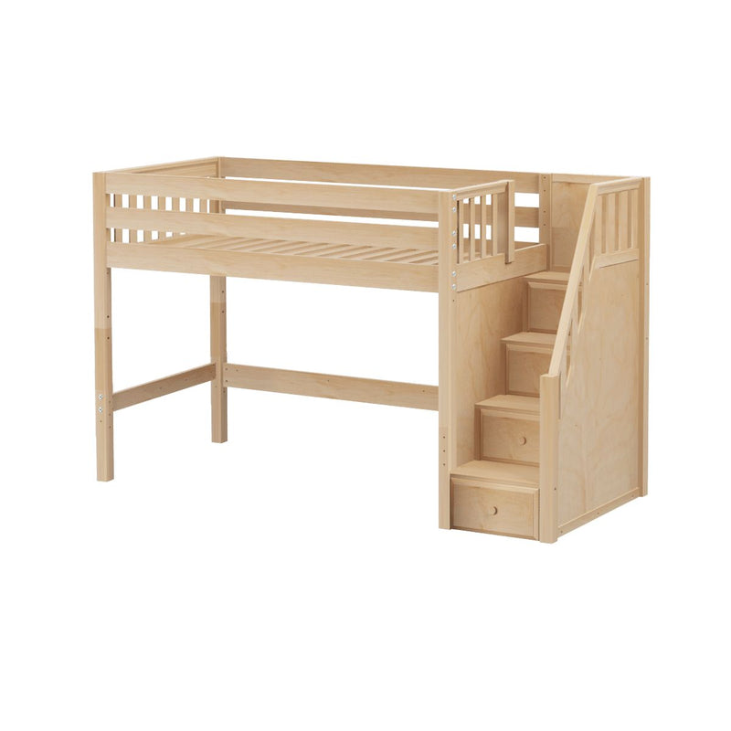 Light natural wood twin loft bed with built-in staircase and storage drawers, space-saving kids' loft bed for small bedrooms