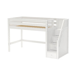 White wooden loft bed with storage stairs, perfect for maximizing space in children's bedrooms.