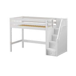 White wooden loft bed with staircase and storage drawers for kids' bedroom.