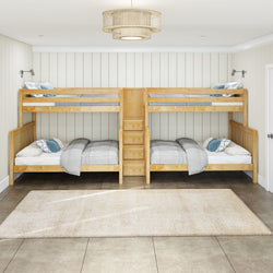 Wooden bunk beds in a modern bedroom with a soft rug and neutral walls.