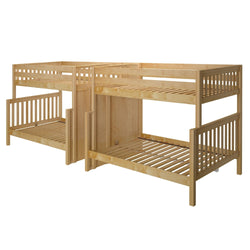 Wooden twin over twin bunk bed frame with natural finish.