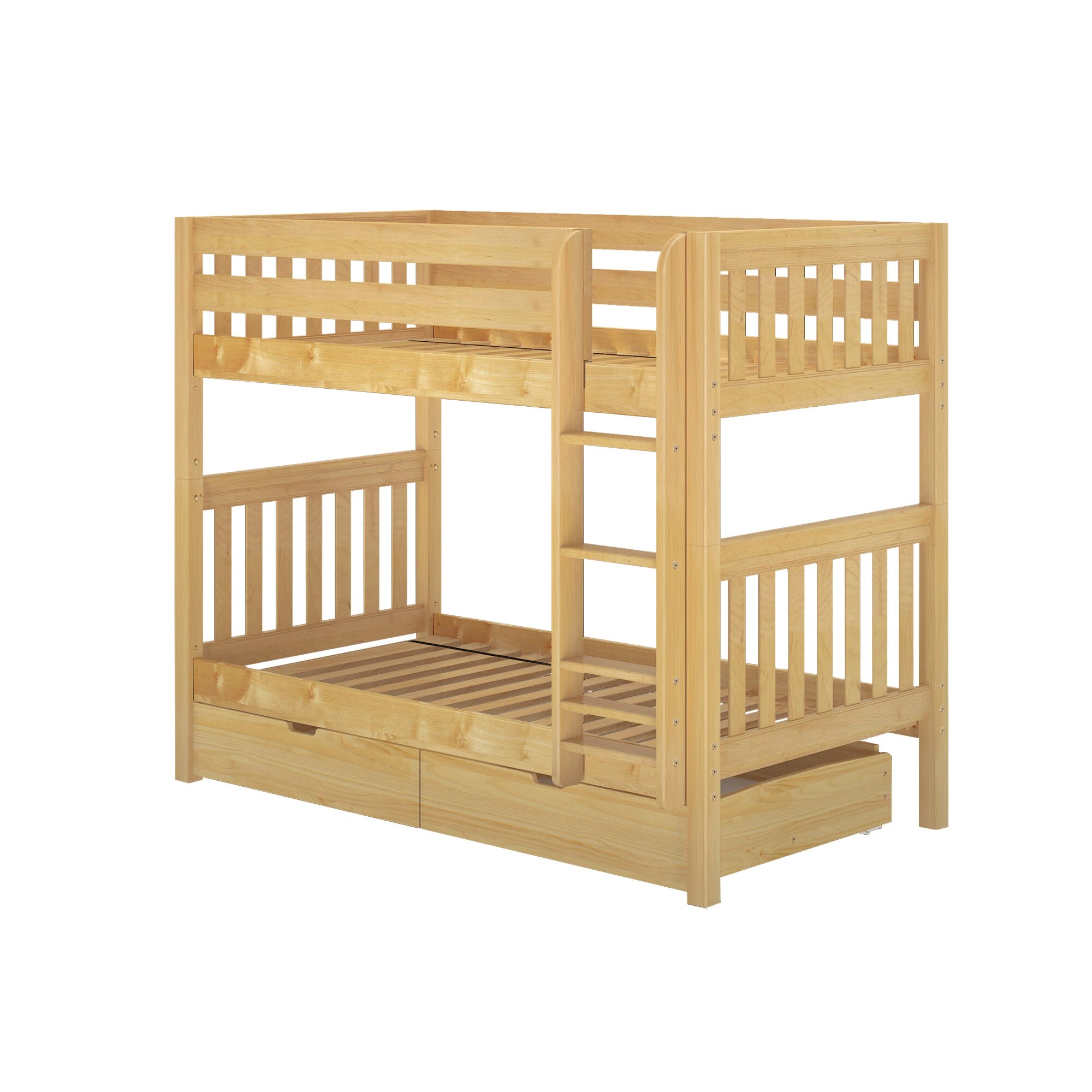 Wooden bunk bed with trundle in modern bedroom, featuring cozy bedding and decorative shelf.