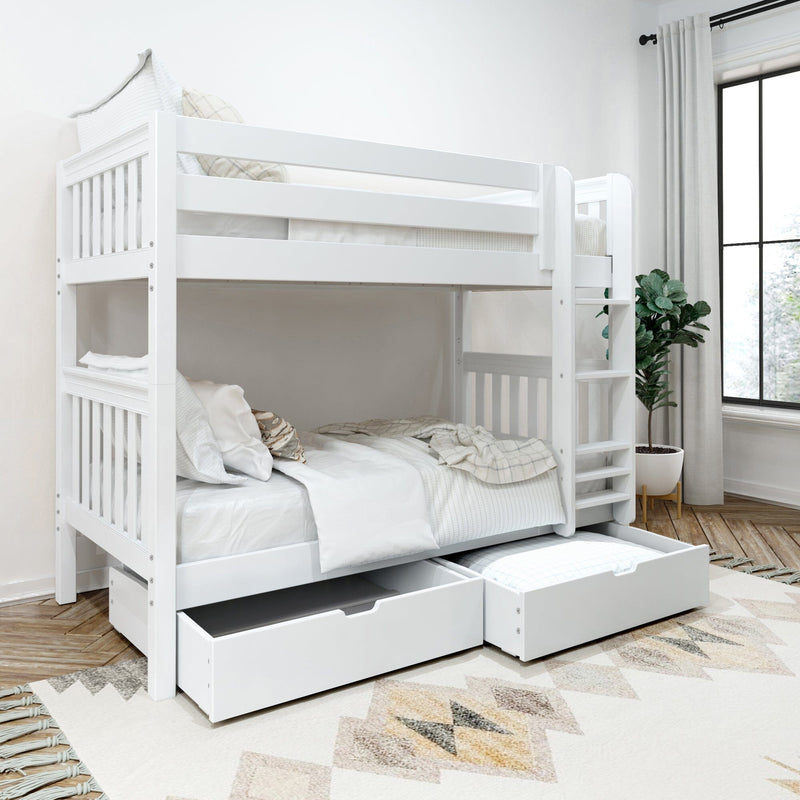 White wooden bunk bed with pull-out trundle and under-bed storage drawers, ladder and cozy neutral bedding in a bright kids bedroom with potted plant and large window