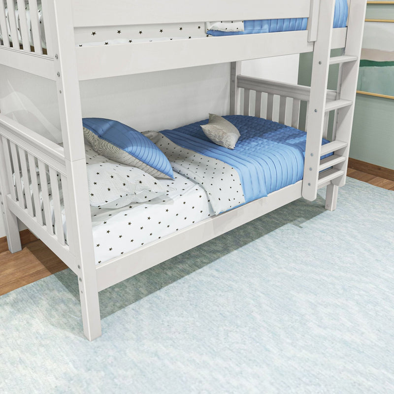 White wooden twin-over-twin bunk bed with ladder, blue quilt and star-print sheets in modern kids bedroom