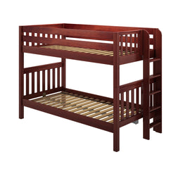 Wooden bunk bed with ladder in dark brown finish.