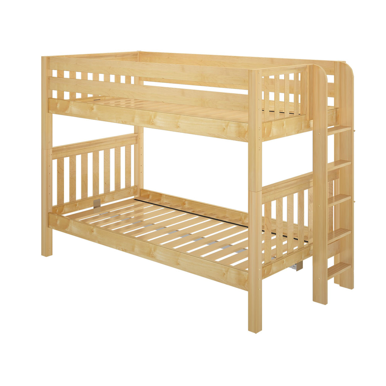 Wooden bunk bed with ladder in natural finish, ideal for kids' bedroom furniture.