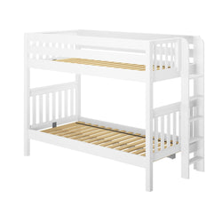 White wooden bunk bed with ladder and safety rails for kids' bedroom furniture.