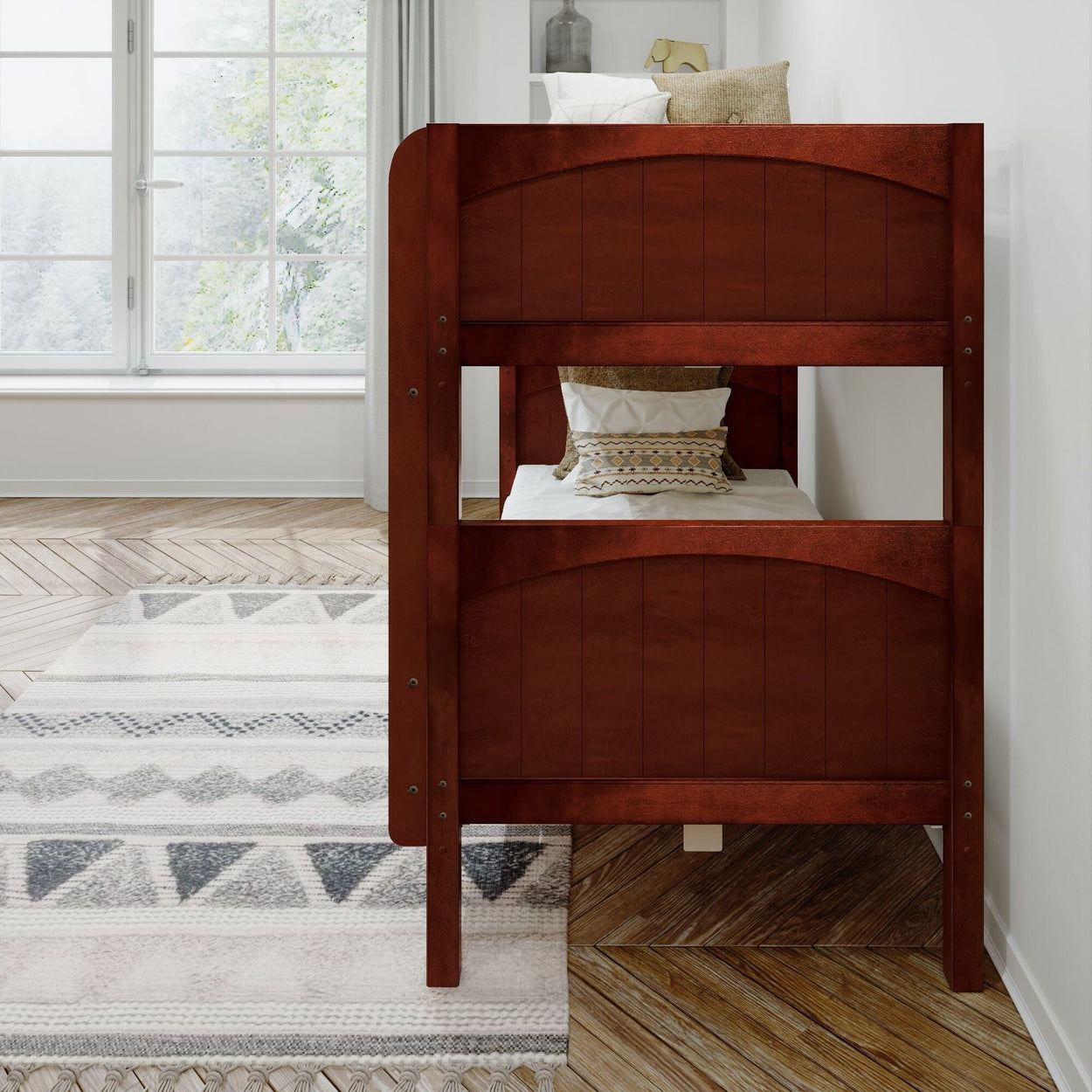 Wooden bunk bed in a modern bedroom with natural light.