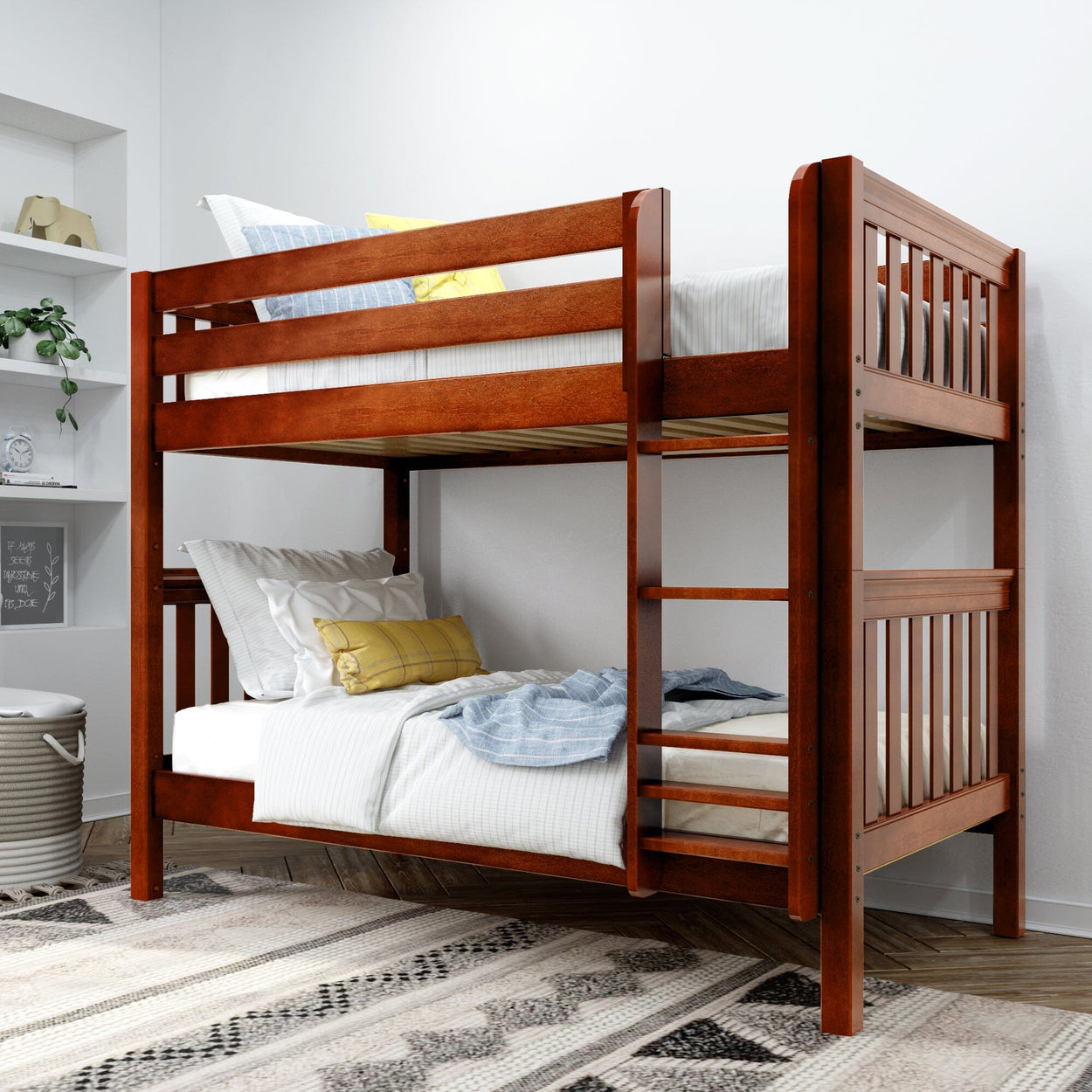 Wooden bunk bed with white and yellow bedding in a modern bedroom.