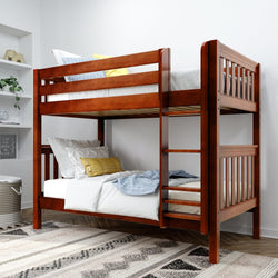 Wooden bunk bed with white and yellow bedding in a modern bedroom.