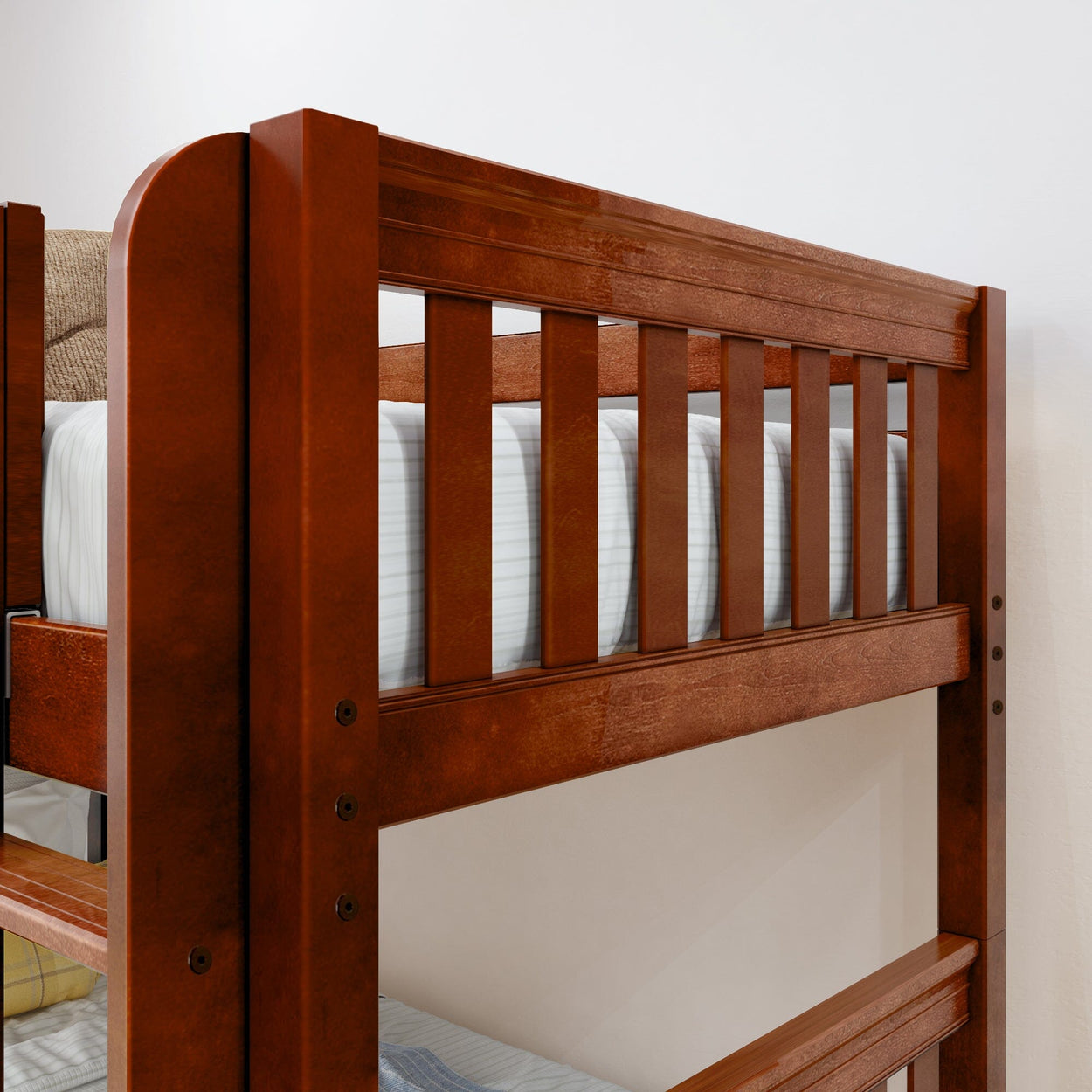Wooden bunk bed with slatted design and glossy finish.