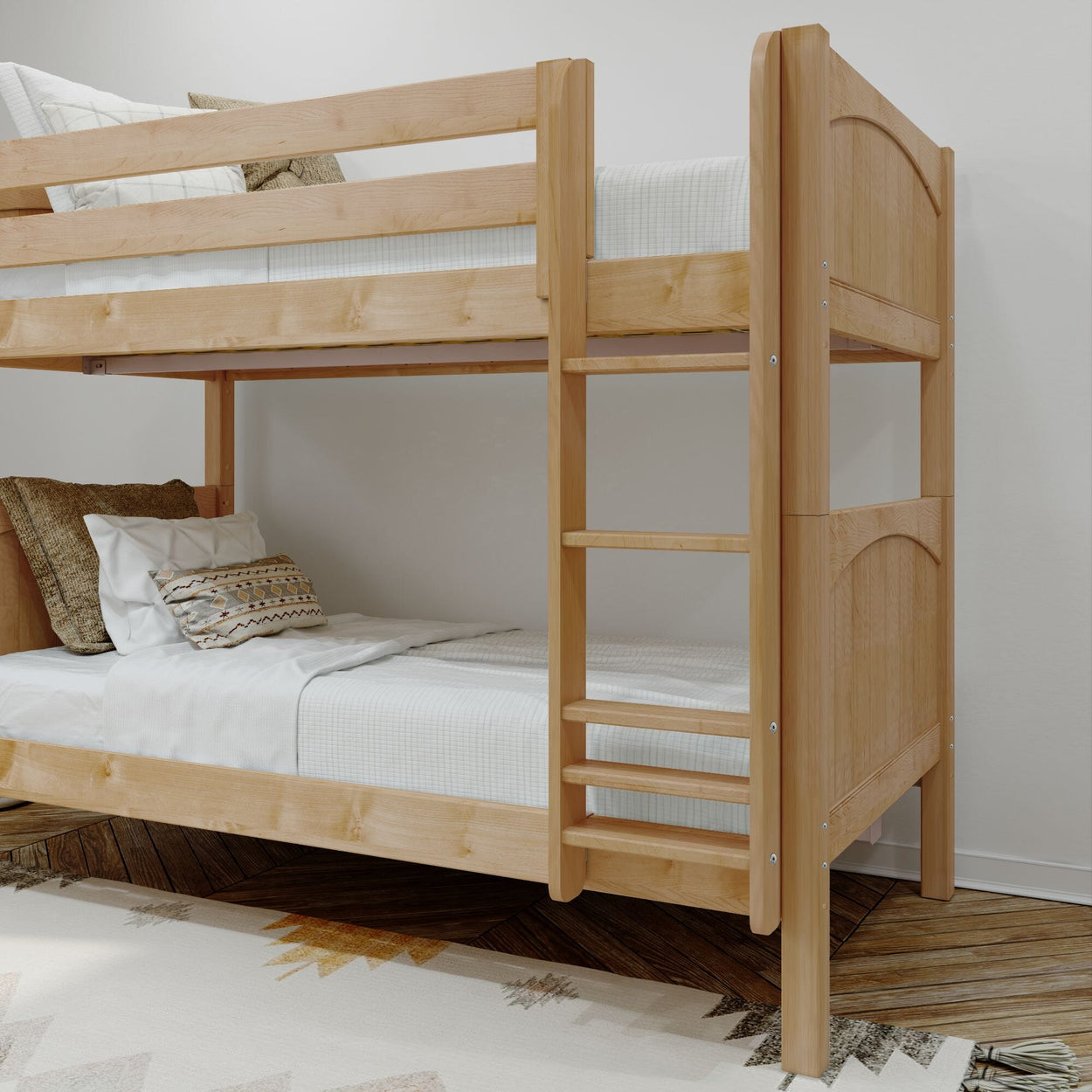 Wooden bunk bed with white bedding and decorative pillows in a cozy bedroom setting.