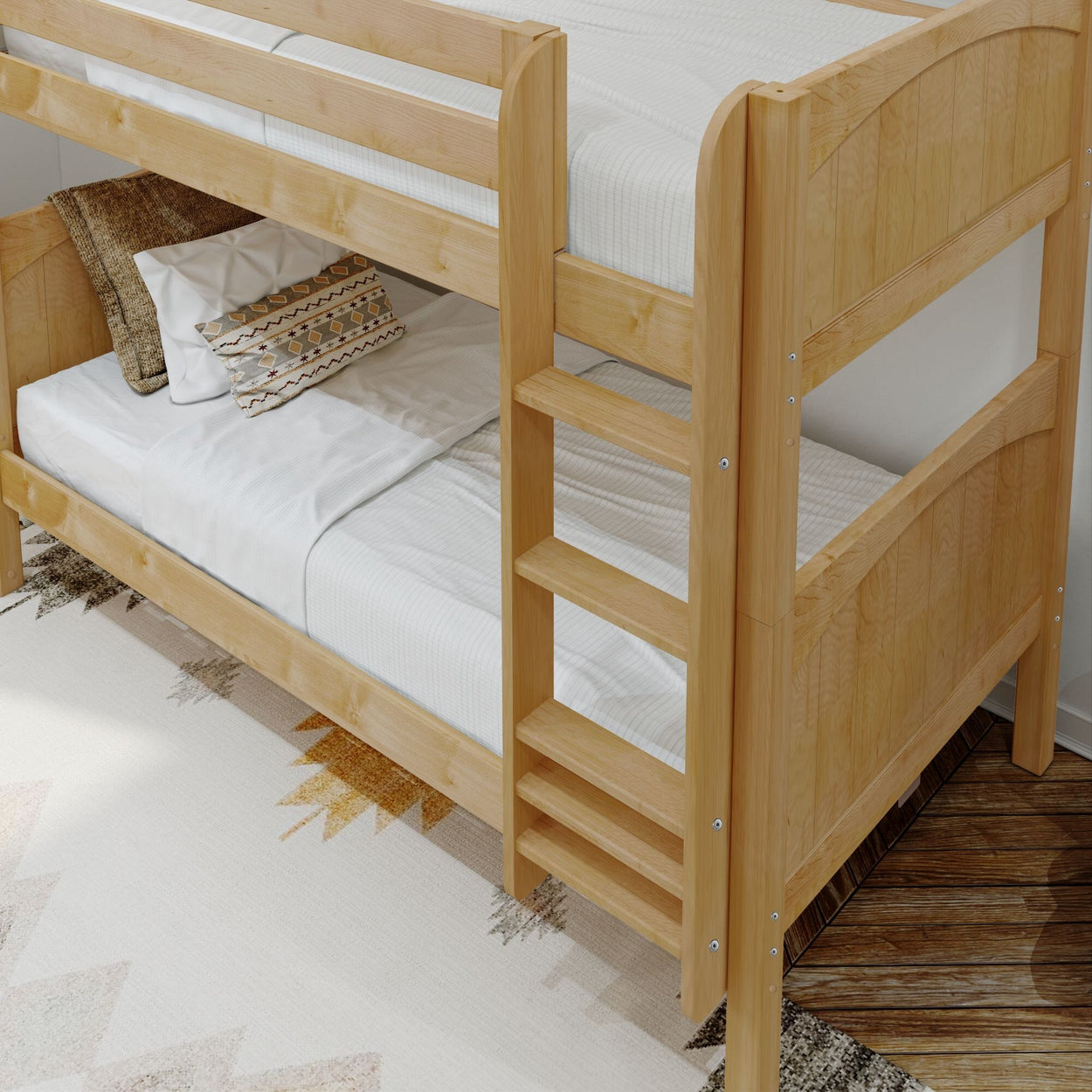 Wooden bunk bed with ladder and white linens in a cozy bedroom setting.