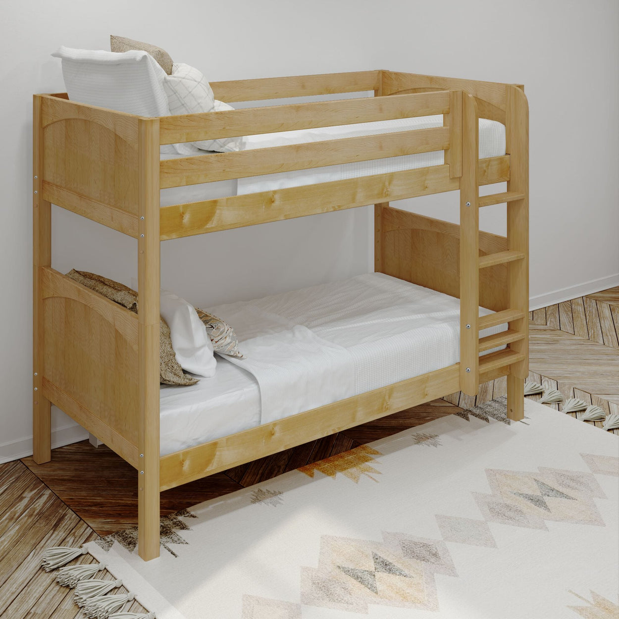 Wooden bunk bed with white bedding in a stylish minimalist bedroom.