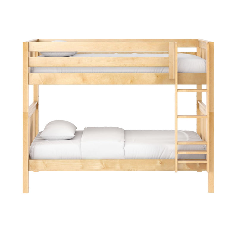 Natural light wood bunk bed with ladder and white bedding, space‑saving kids loft bed
