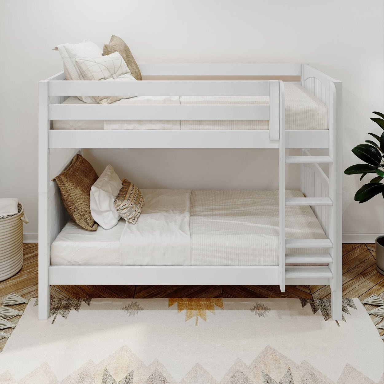 White wooden bunk bed with beige bedding in a modern bedroom setting.