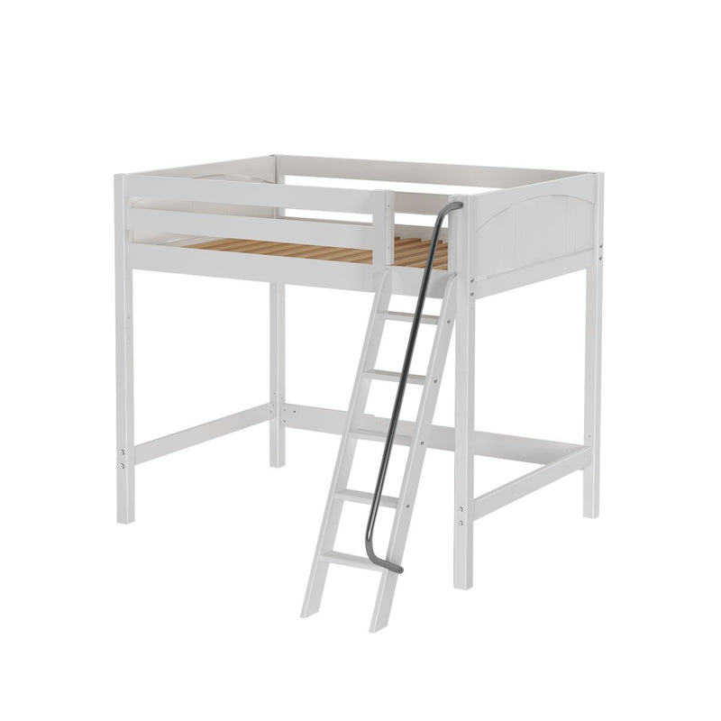 White wooden twin loft bed for kids with slatted pine mattress platform, safety guardrails and angled ladder with metal handrail — space‑saving elevated bedroom furniture