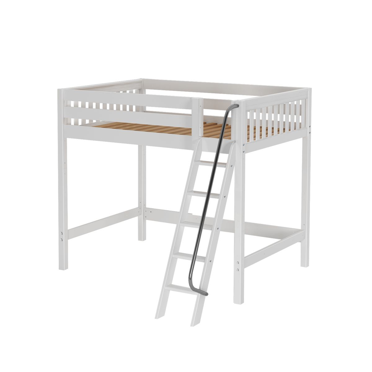 White wooden loft bed with a ladder and rail, ideal for optimizing bedroom space.