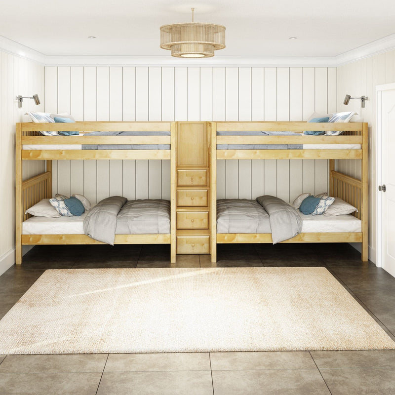 Twin-over-twin solid wood bunk beds with built-in ladder drawers in neutral modern farmhouse kids' bedroom with shiplap walls and beige rug