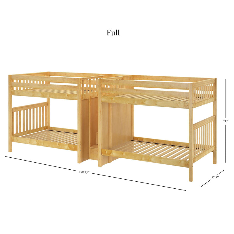 Solid wood twin-over-twin bunk bed frame in natural pine, slatted platform and guardrails, space-saving loft design, dimensions 178.75 × 57.5 × 71 inches