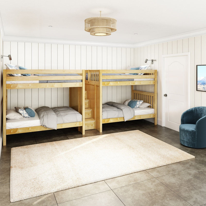 Kids' bedroom with natural wood twin bunk beds, white shiplap walls, beige area rug and rattan pendant ceiling light