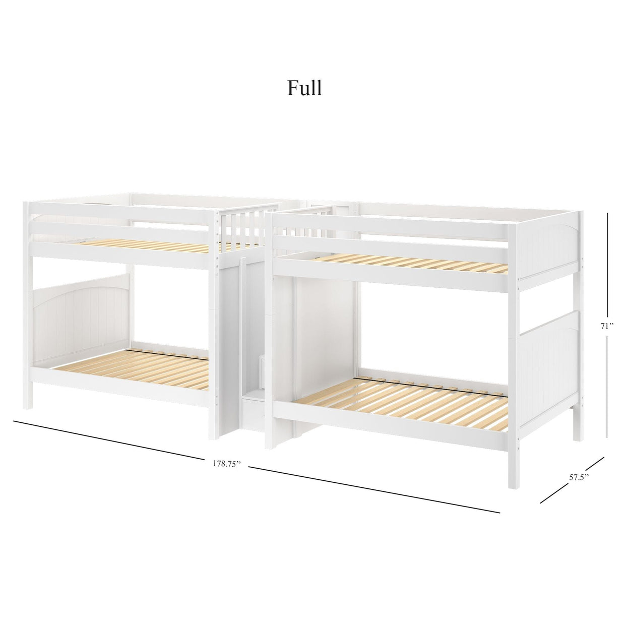 White wooden full-size bunk bed with measurements, 178.75" width, 57.5" depth, 71" height.