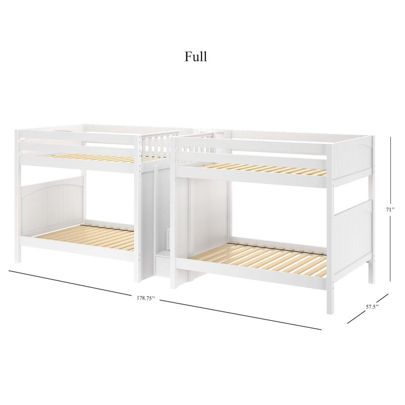 White wooden L-shaped triple bunk bed frame with slatted mattress supports and safety guardrails, modern loft-style design, 178.75 in L × 57.5 in D × 71 in H
