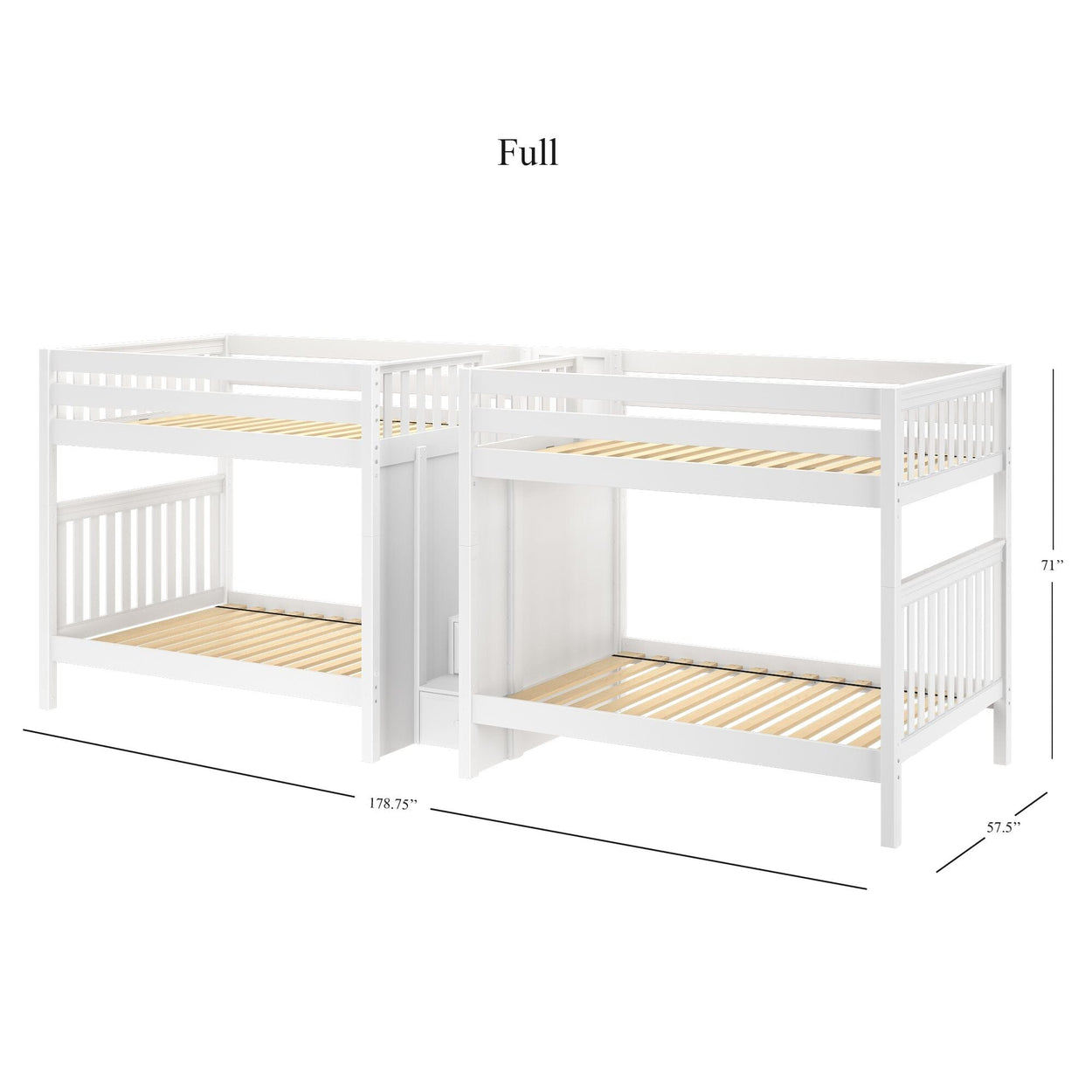 White full-size wooden bunk bed frame with dimensions 71 inches tall, 57.5 inches wide, and 178.75 inches long.