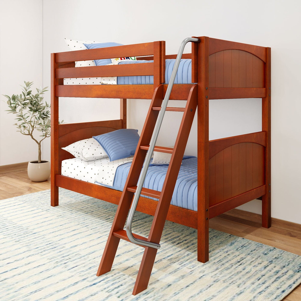 Wooden bunk bed with blue bedding and attached ladder in a modern bedroom setting.