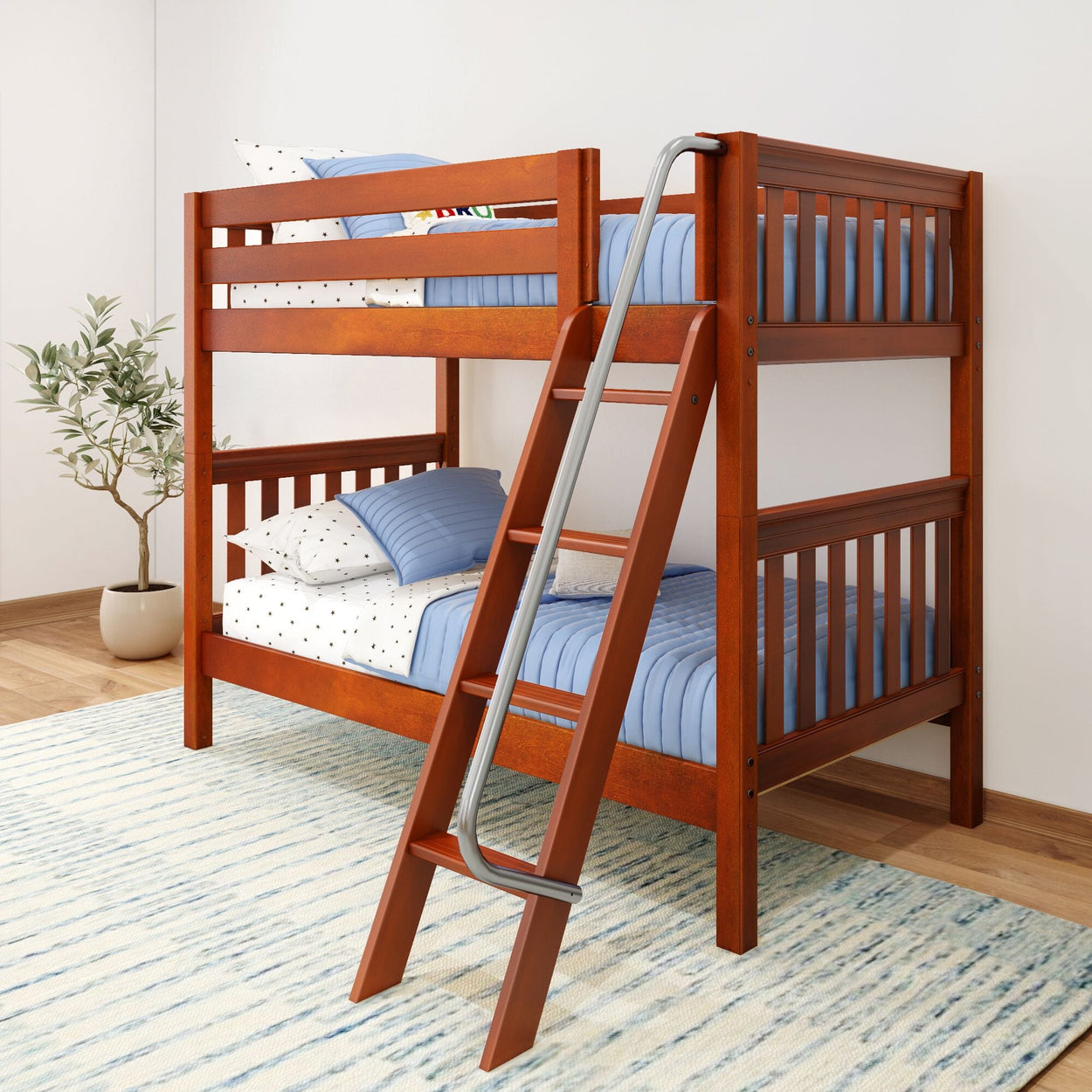 Wooden bunk bed with blue bedding and an angled ladder in a modern bedroom setting.