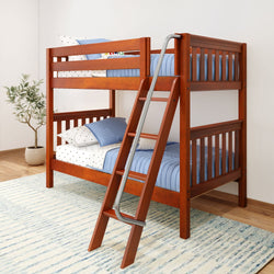 Wooden bunk bed with blue bedding and an angled ladder in a modern bedroom setting.