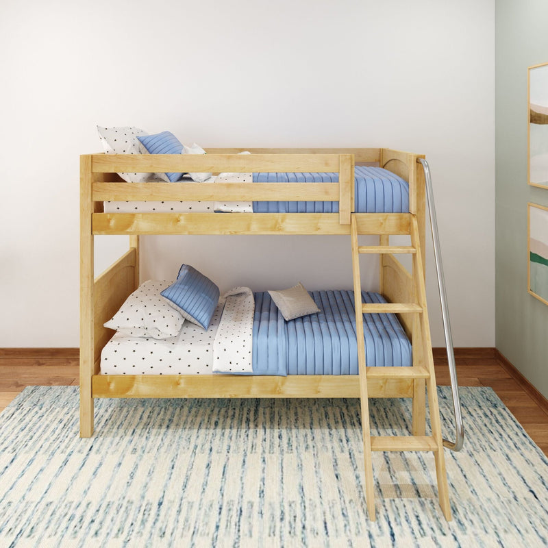 Natural wood bunk bed with ladder, blue quilted bedding and star-print sheets in modern kids' bedroom, space-saving design.