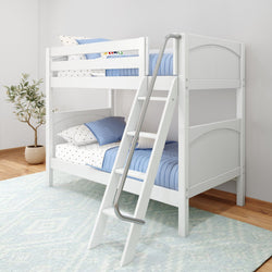 White bunk bed with blue bedding and ladder in a cozy children's bedroom.