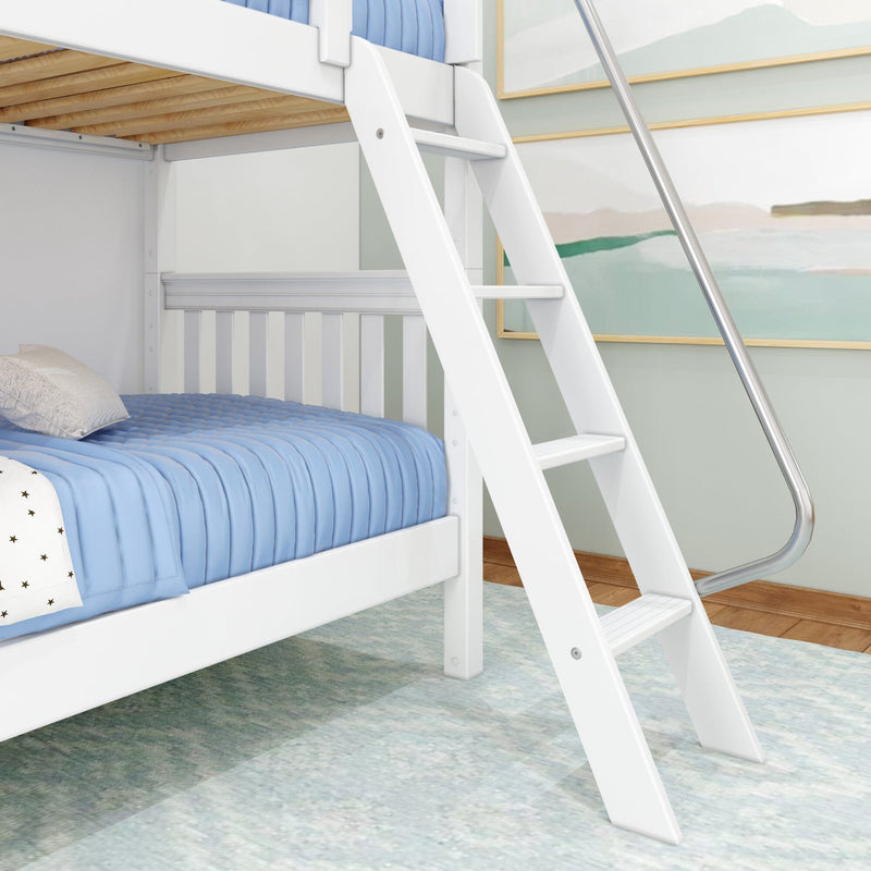 White wooden bunk bed ladder with blue quilted bedding, metal handrail and coastal wall art in children's bedroom