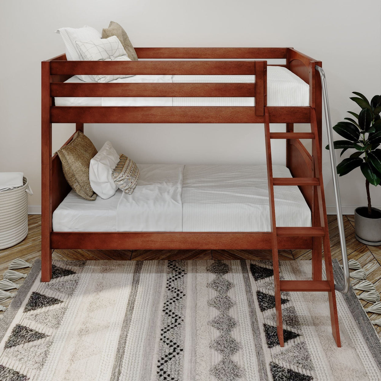 Wooden bunk bed with white bedding and decorative pillows in a modern bedroom setting.