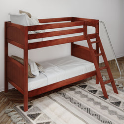 Wooden bunk bed with side ladder and bedding in modern bedroom.